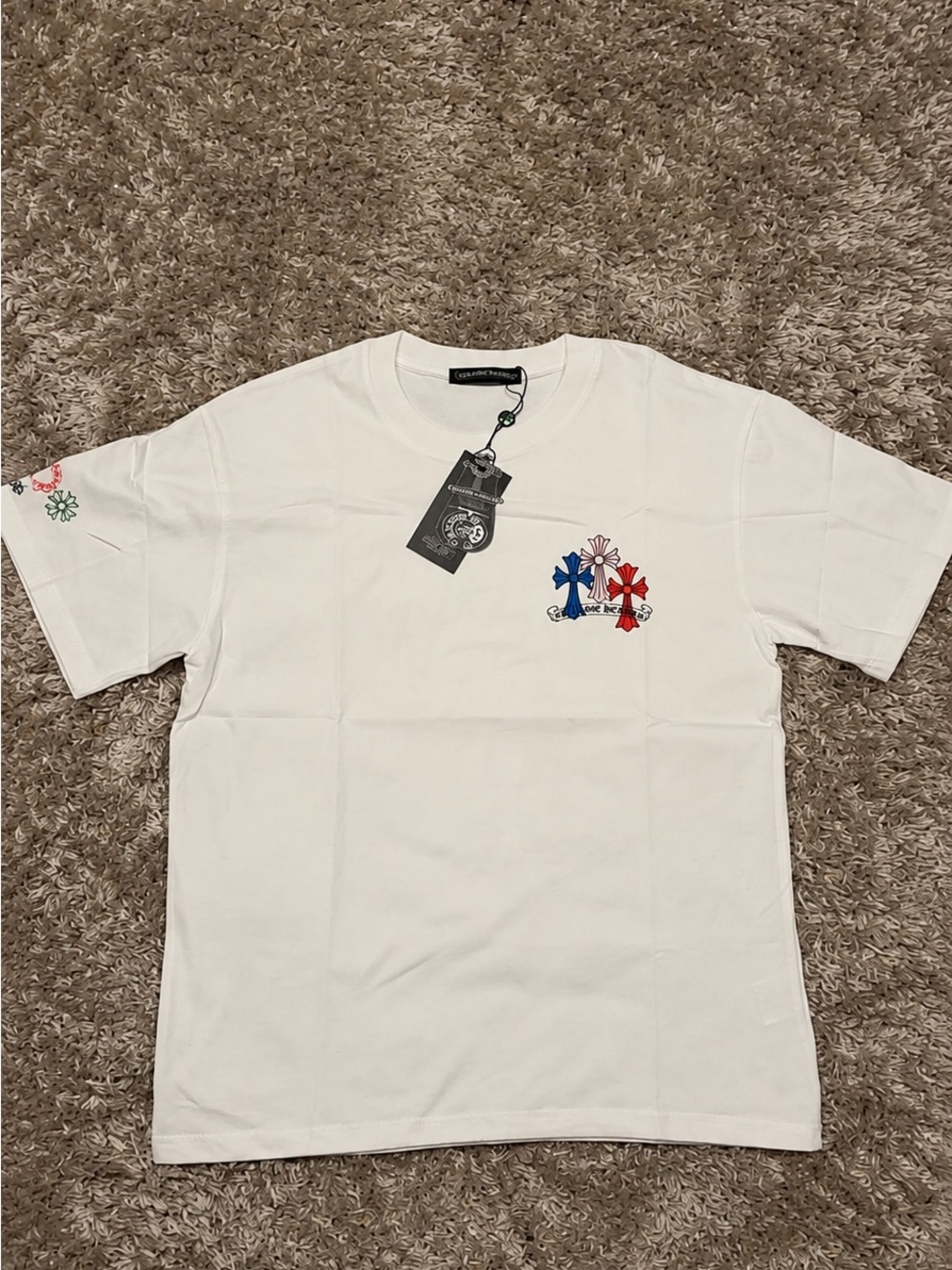 Chrome Hearts White Short-Sleeve T-Shirt with Red & Blue Cross Motif